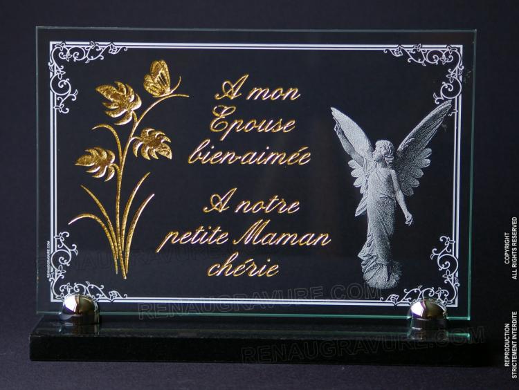 Glass funeral plaque with gilding and angel