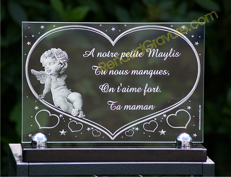 Glass funeral plaque with an angel