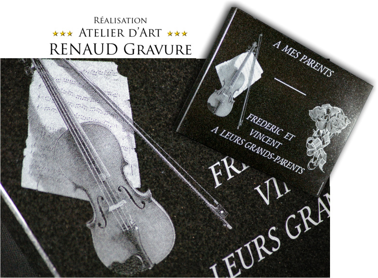 granite grave plaque with violin and bouquet of roses