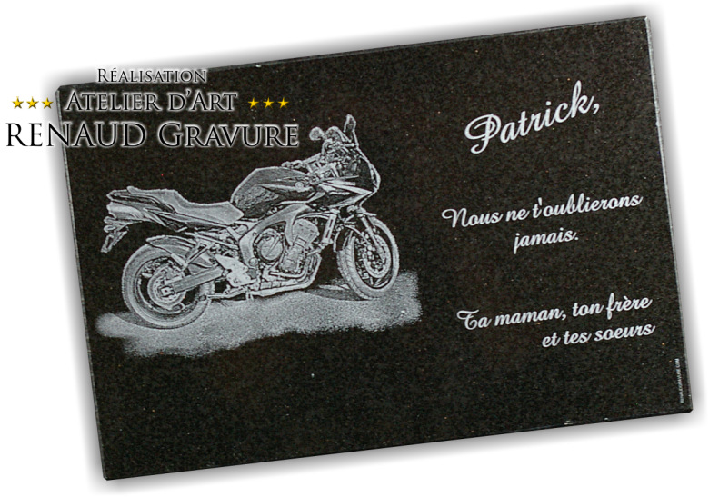Black granite plaque with an old motorcycle engraving