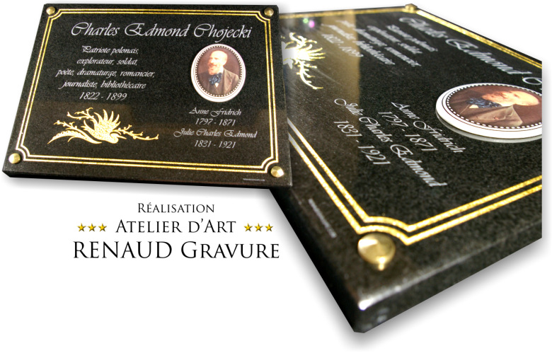 granite funeral plaque with gilding and porcelain photo