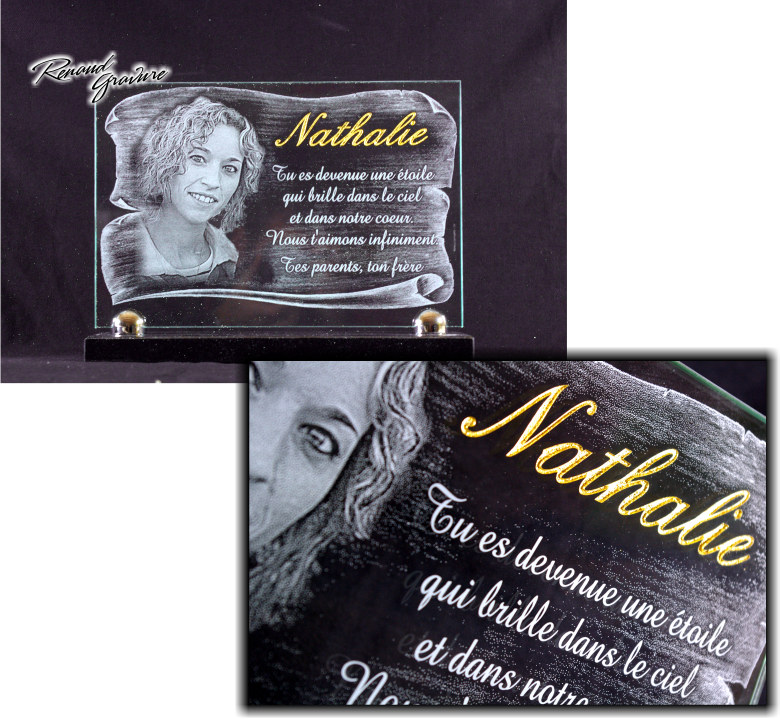Glass funeral plaque with photoengraving and gilding.