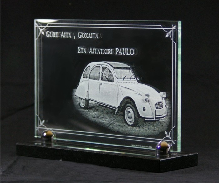 Glass memorial plaque with car engraved for grave.