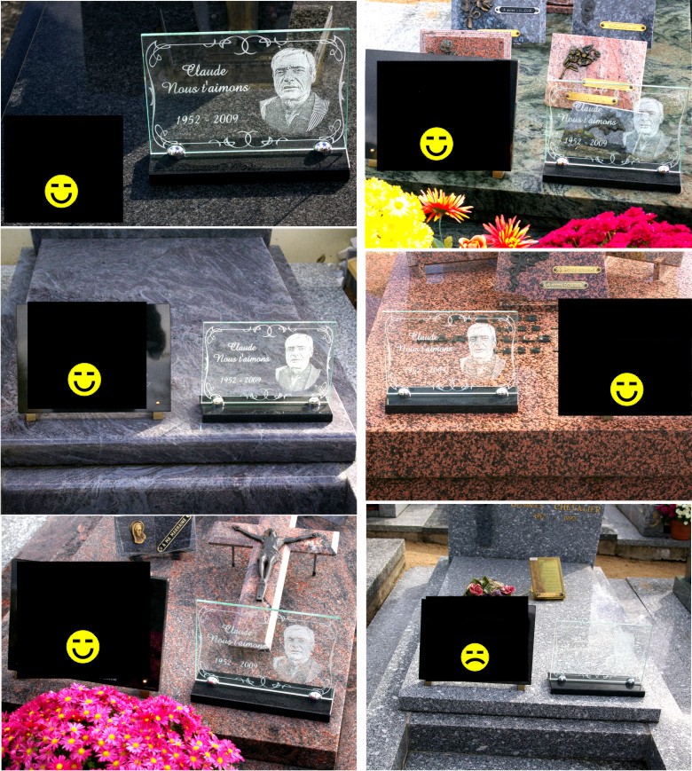Photos of glass funeral plaques placed on graves.